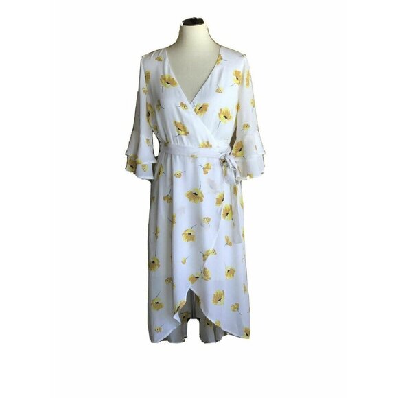 Chelsea28 Womens White Floral Chiffon Faux Wrap Belted Midi Dress Size M - Picture 5 of 10